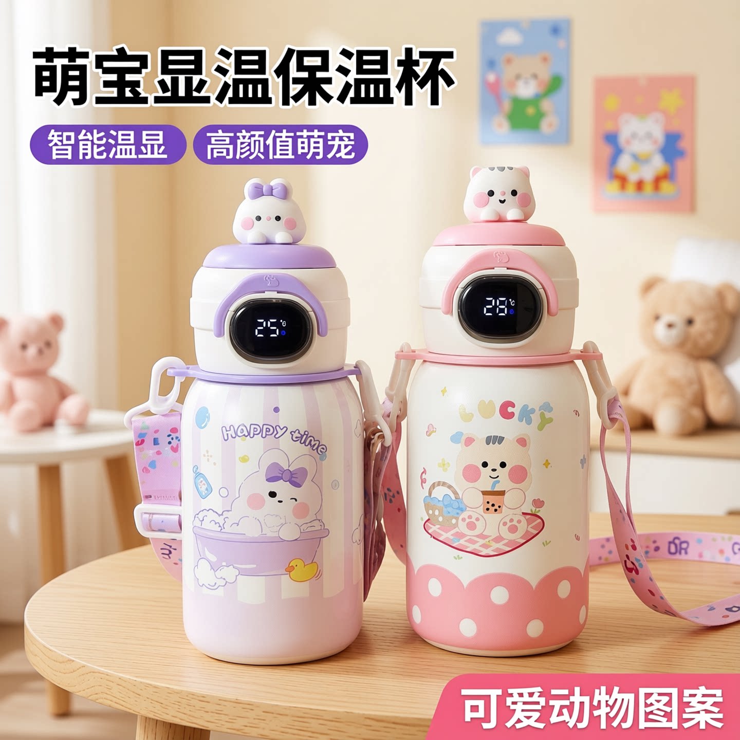 儿童保温杯女孩幼儿园智能显温吸管杯子高颜值初中生上学专用水杯