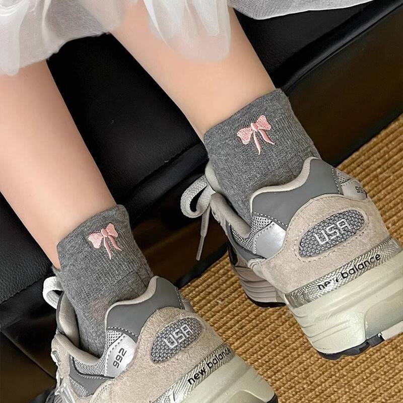 Bowknot Dark Gray Socks for Women, Summer Thin Pure Cotton Ballet Style Mid-Calf Socks, Embroidered Seamless Socks for Summer Bowknot Dark Gray Socks for Women, Summer Thin Pure Cotton Ballet Style Mid-Calf Socks, Embroidered Seamless Socks for Summer