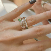 Weiwan s925 sterling silver ring female jade green pearl multi-layer design ring retro simple natural stone 5672J