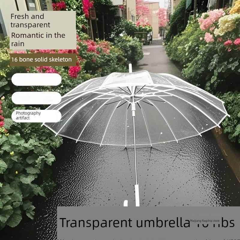 Transparent Umbrella Upgraded with 16 Ribs, Curved Hook, Automatic Long Handle, Wind-Resistant, Enhanced White Fiber Frame, Durable Umbrella