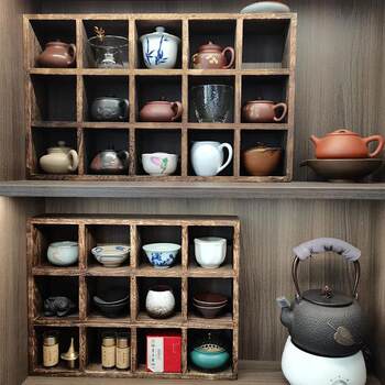 New chinese style solid wood lattice bogu rack tea room storage tea cup rack duobao pavilion wall-mounted storage rack tea set rack