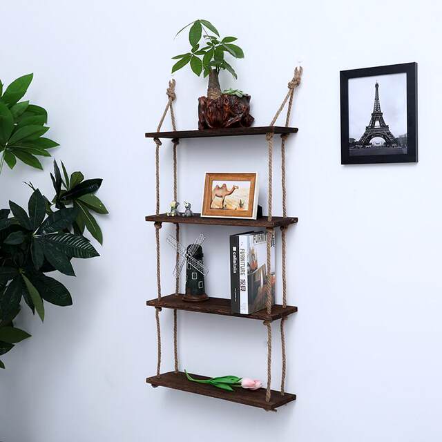 KE3C hole-free solid wood wall storage rack simple hemp rope one-line partition wall hanging storage