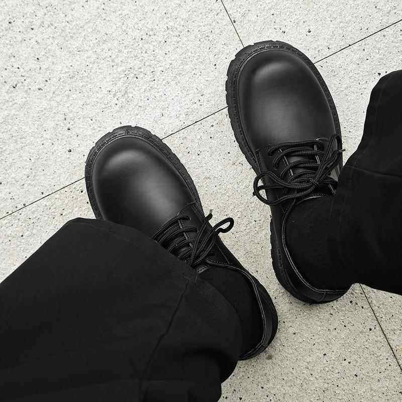 Men's Large Leather Shoes for Autumn and Winter, Casual Retro Thick-Soled Height-Increasing Derby Shoes, Formal British Style, Large Size Martin Work Boots