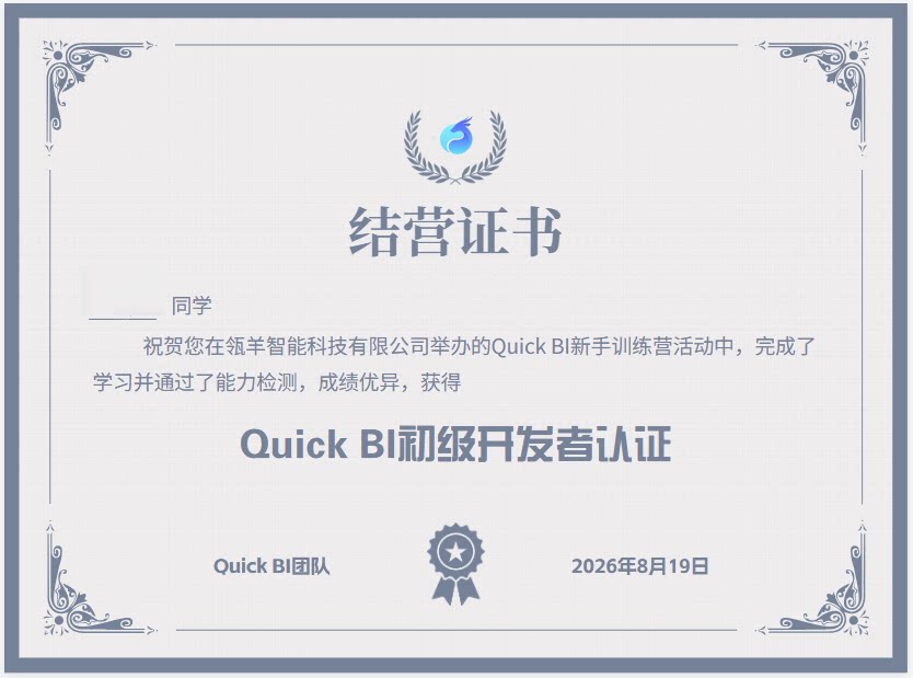 Quick BI 初级开发者认证证书样式