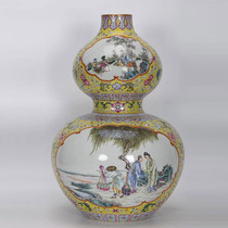 JP0218 Old Collection Qing Dynasty Qianlong Model Enamel Yellow Ground Window Character Story Gourd Vase
