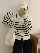 Contrast color striped polo collar knitted cardigan womens autumn clothing 2023 new loose and versatile slim sweater jacket top
