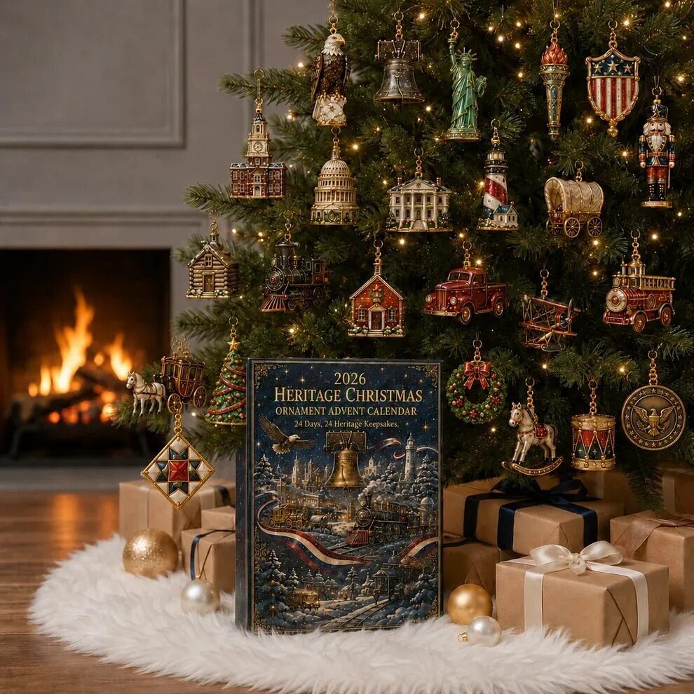 All 24 heritage ornaments hung on a Christmas tree with the advent calendar box beneath it