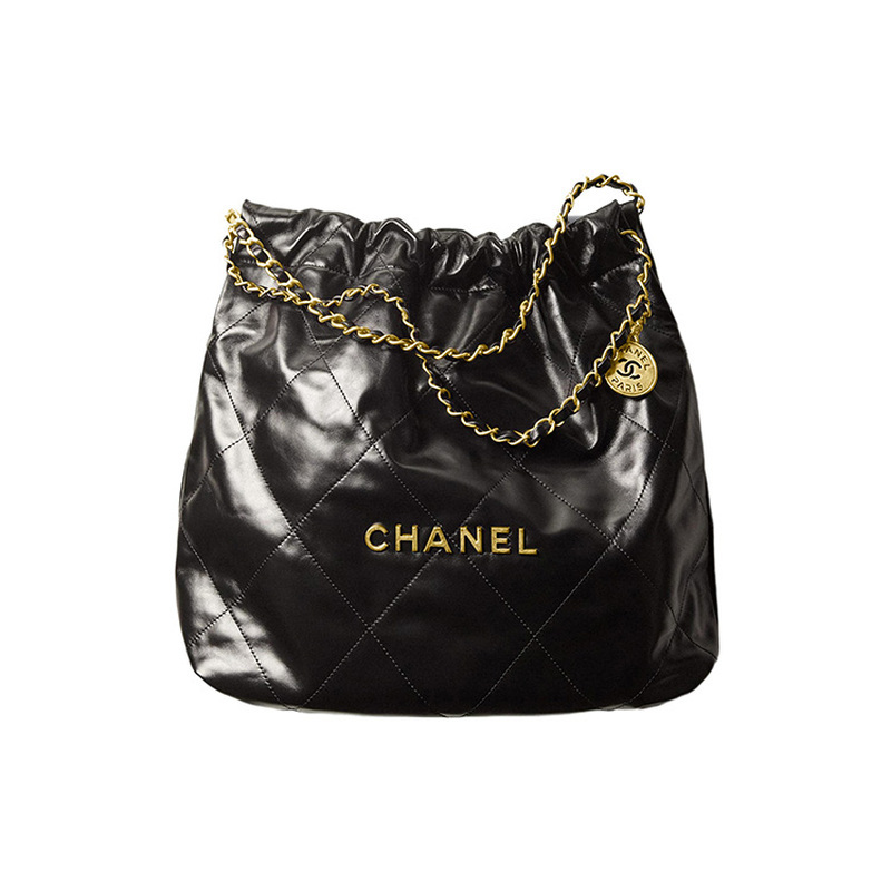 9.9 New Chanel/Chanel 22Bag Black Leather Women's Medium-Sized Tote Bag Shopping Bag Shoulder Bag