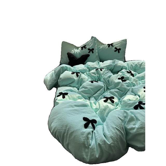 Girl Ins Fresh Blue Black Bow Towel Embroidered Washing Cotton Four-Piece Set Bed Sheet 1.8 Quilt Set Three-Piece Set