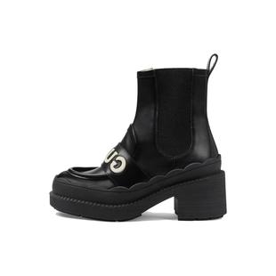 女款 GUCCI古馳 黑色 短靴 厚底 皮革 時(shí)尚