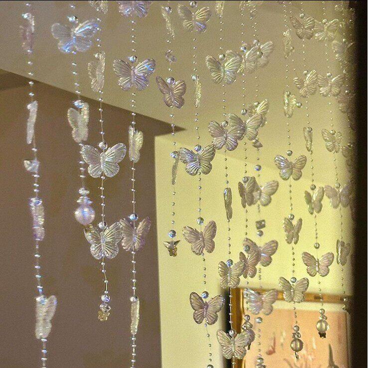 Girly Style Bowknot Door Curtain Bedroom Living Room Partition Curtain Window Party Decoration Butterfly Beaded Flower Curtain Cross-Border