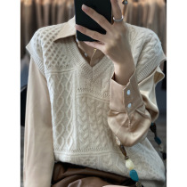 Knitted loose pure wool thickened vest V-neck versatile solid color outer wear sleeveless waistcoat heavy industry cable top for women
