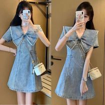 Lotus leaf collar denim dress summer womens new French waist slimming lady temperament retro high-end skirt