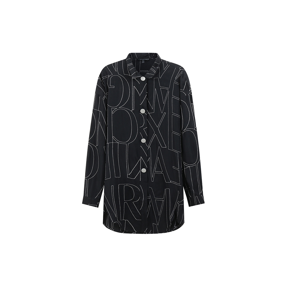 ARMANI EXCHANGE SS23 字母Logo图案满印宽松长袖衬衫 女款 黑色