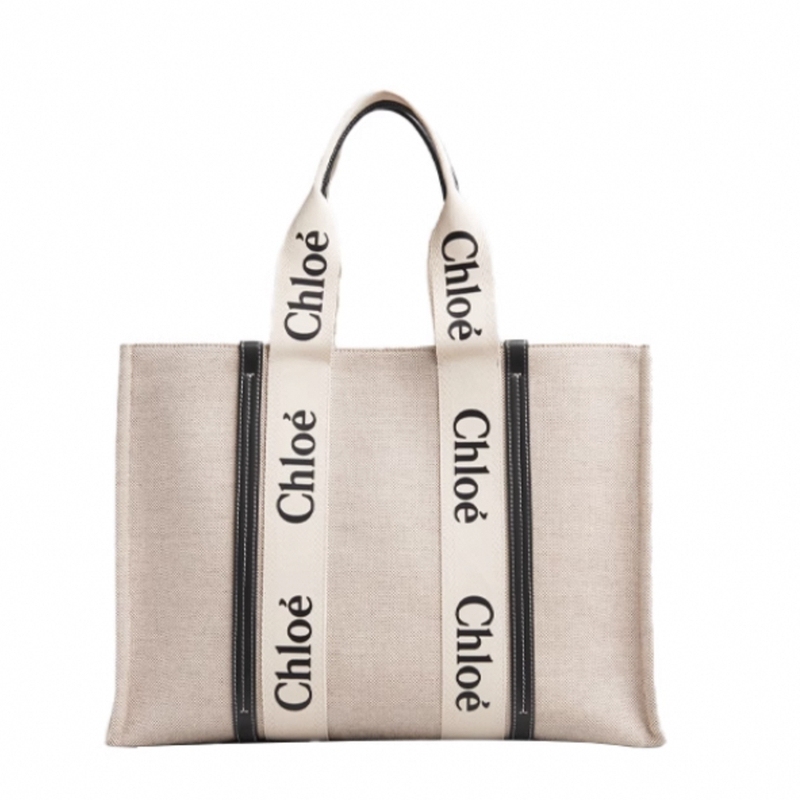 Chloe Woody Logo Printed Webbing Large Capacity Canvas and Smooth Calfskin Tote Bag