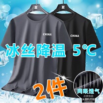 Summer ice silk short-sleeved T-shirt mens quick-drying mesh loose large size mens casual versatile T-shirt round neck printing