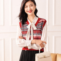 Retro jacquard knitted vest autumn womens V-neck pullover temperament commuting vest wool blended vest