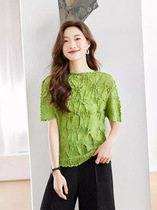Pleated short-sleeved t-shirt for women 2024 summer new fashion sweater stretch short slim round neck top for women
