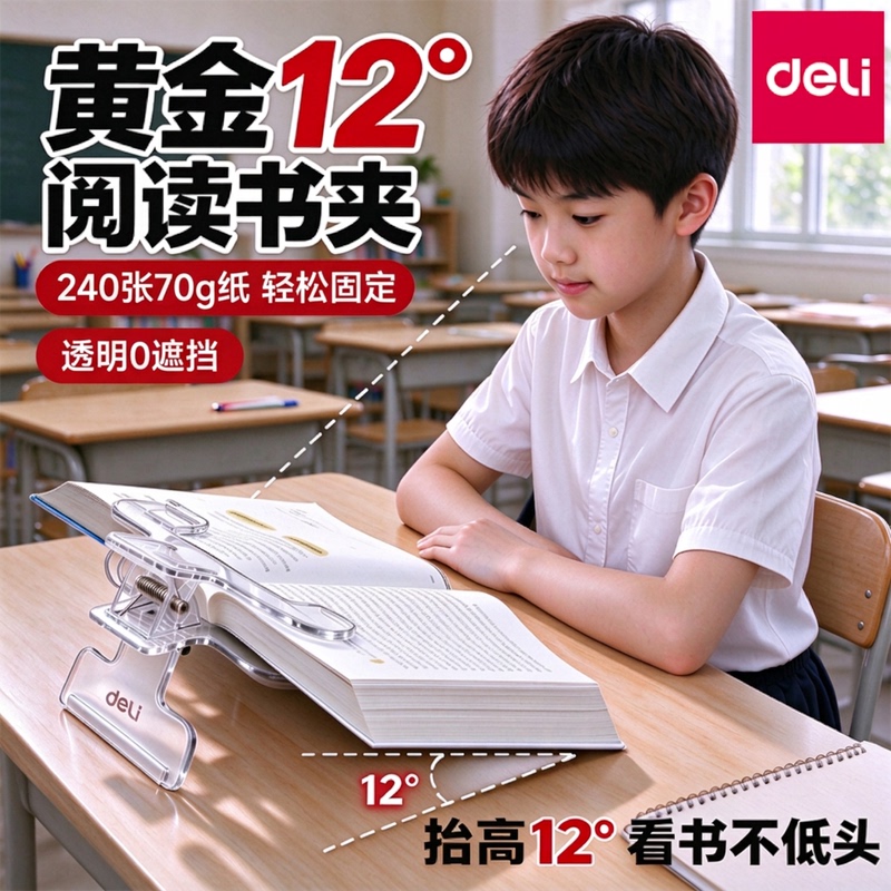 Deli Reading Book Clip, Book Holder, Special for Elementary Students, Large Transparent Book Stand, Book Press, Gold 12-Degree Anti-Slip, Wide Opening, Powerful 2-in-1 Multi-Function Stationery Clip