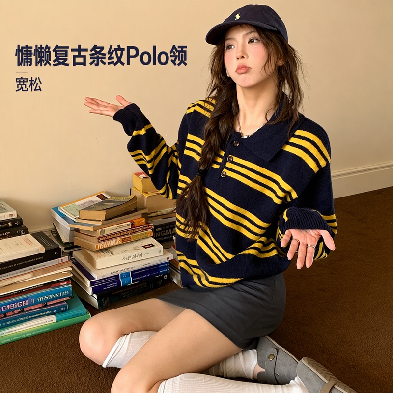 American-Style Lazy Retro Striped Polo Collar Knit Sweater for Women, Autumn and Winter Color-Blocked Long-Sleeve Loose Top American-Style Lazy Retro Striped Polo Collar Knit Sweater for Women, Autumn and Winter Color-Blocked Long-Sleeve Loose Top