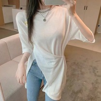 French irregular slit design niche T-shirt for women 2024 new loose and versatile trendy slim top