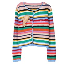 Xiaoxiangfeng handhook long-sleeved knitted cardigan for women contrasting rainbow cartoon bear dopamine striped knitted cardigan for women