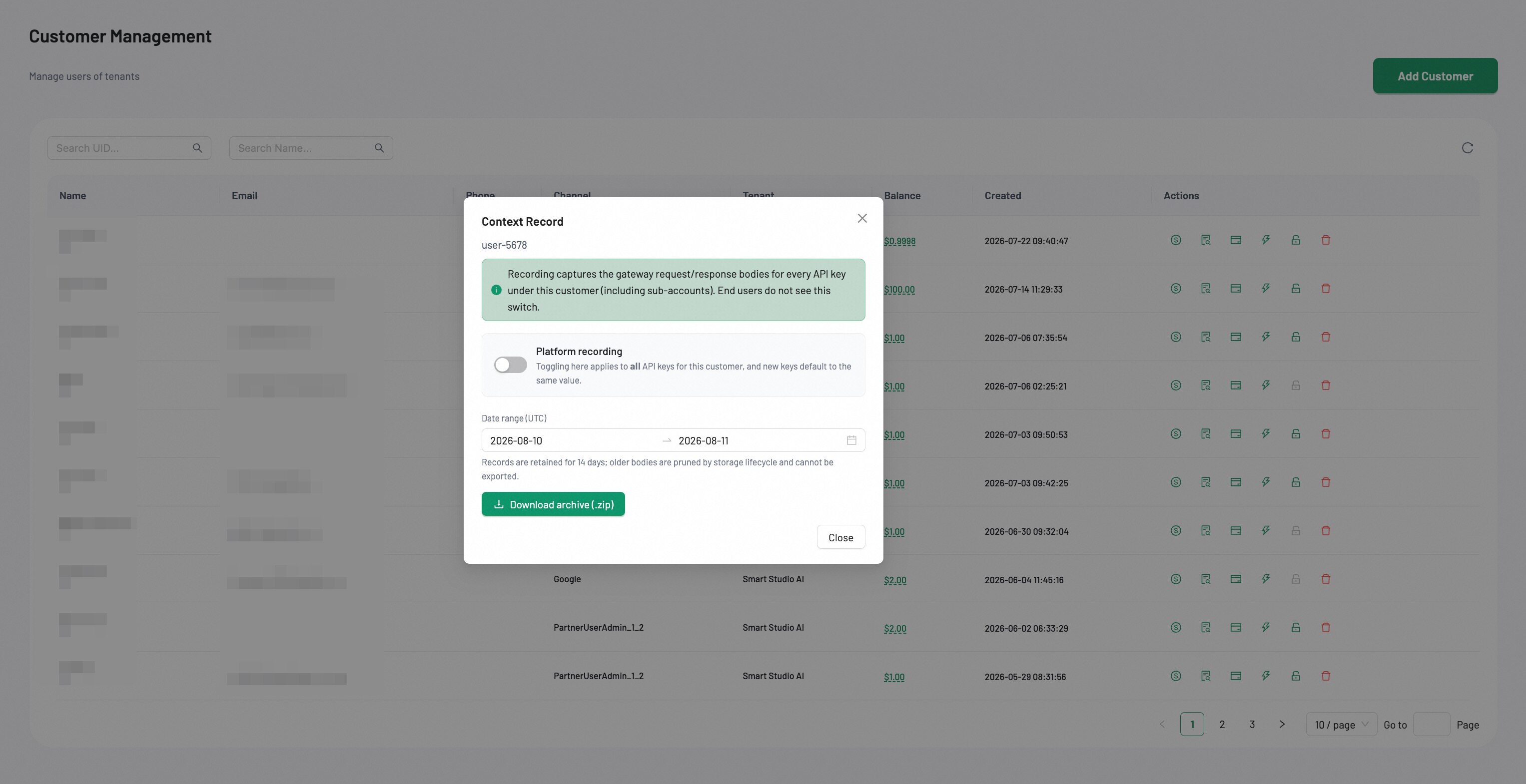 Customer context record — modal with platform recording toggle and date range download