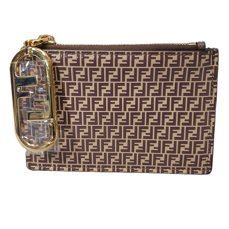 99% New and Unused Fendi/Fendi Monogram Logo Ff Embossed Zipper Leather Card Holder, Genuine Unisex Bag