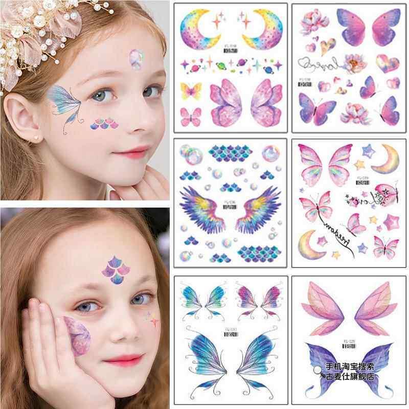 Girls' Face Painting Stickers, Glitter Butterfly Wings Tattoo Stickers, Eye Corners and Face, Children's Fish Scales, Catwalk Performance Dance