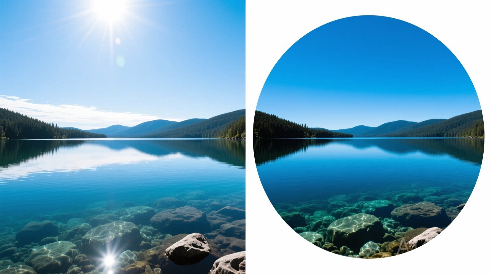 Side-by-side comparison showing a landscape photo taken without filter (washed-out sky, glaring water surface) versus identical composition with a circular polarizer (deepened blue sky, reflection-free lake surface, visible underwater rocks)