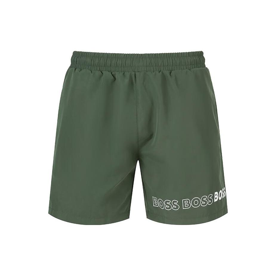 HUGO BOSS SS23 纯色字母印花直筒泳裤 男款 军绿色