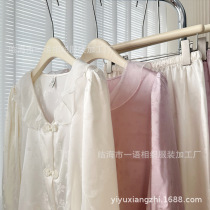 Yumian Spring New Jacquard Platycodon Simulated Silk Pajamas for Women Fairy Style Thin Round Neck Womens Home Clothes