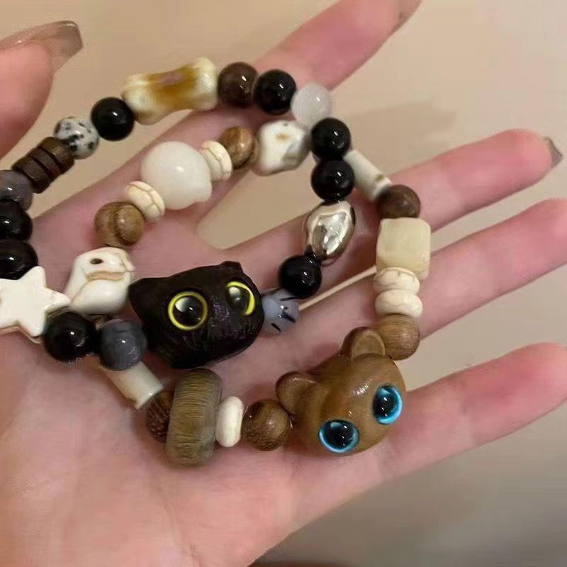 Cute Owl Bracelet, Little Black Cat, Tire Cat, Wooden Bracelet, Niche ins High-End Vintage Beaded Couple Style