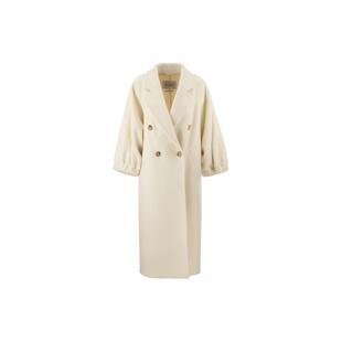米白色 女款 MaxMara 纯色翻领双排扣侧开衩大衣