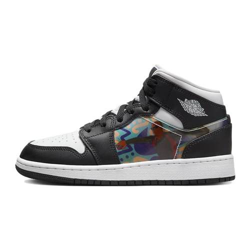 Jordan Air Jordan 1 Mid 皮革 舒适简约  中帮 儿童篮球鞋 黑白
