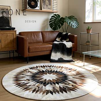 Handmade cowhide spliced round carpet, light luxury and simple nordic living room coffee table, study room swivel chair, bedroom bedside rug