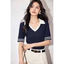 Actual shot of 2024 new summer plus size womens American retro polo collar T-shirt Korean sweet age-reducing short shirt