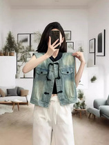 New Chinese style retro denim vest jacket for women Chinese style snap button temperament versatile top