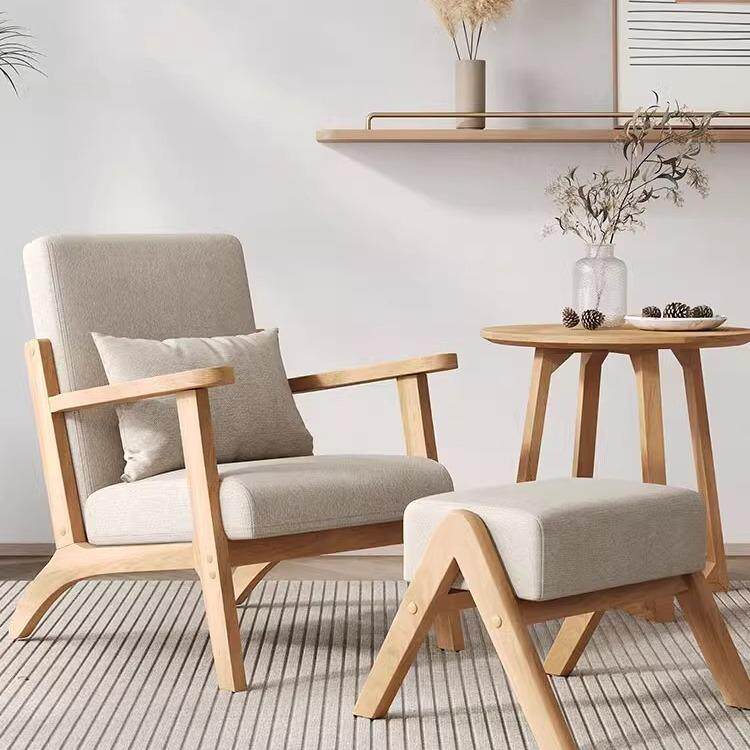 Nordic single sofa chair solid wood fabric balcony lazy leisure table and chair B&B living room reception and negotiation sofa chair