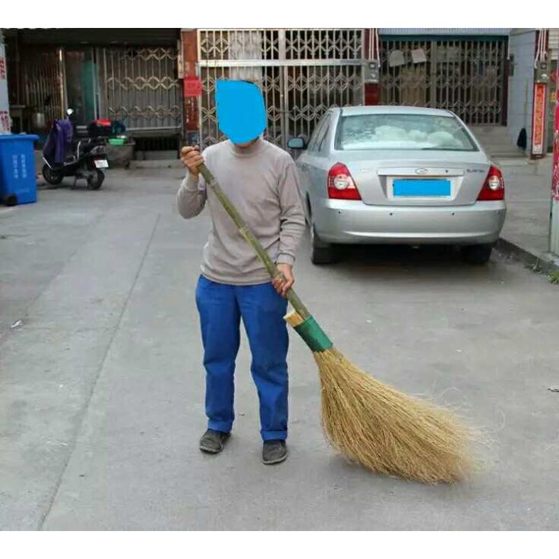 Broom with Golden Silk Grass Bristles, Iron Broom, Plant-Based Hard Bristles, Large Bamboo Handle, for Sanitation, Hospital, Company, Factory, Cement Floor