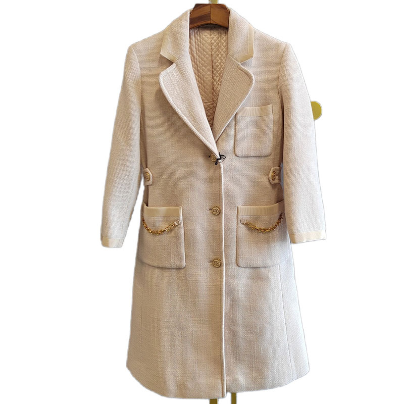 99% New and Unused Gucci Pure Color Chain Embellished Coat Women's Off-White Luxury Genuine Product