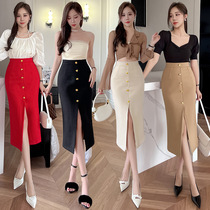 2023 New Gentle Style Fashionable High Waist Slim Slit Hip Cover Skirt Commuting OL Mid-Long Breasted Skirt