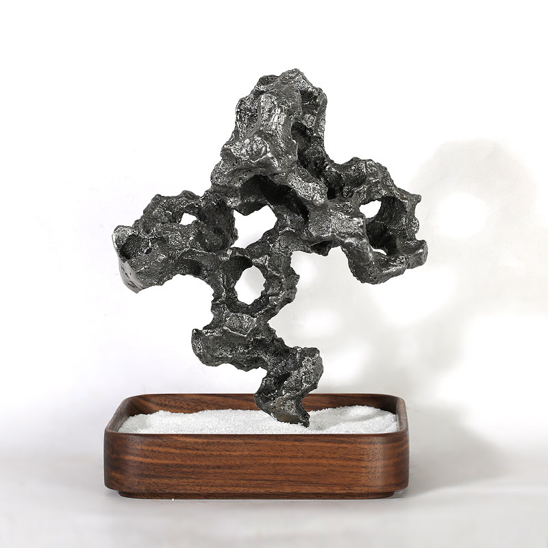 Jing Chi aesthetic Cast iron Taihu stone desk elegant decoration with black walnut tray White sand