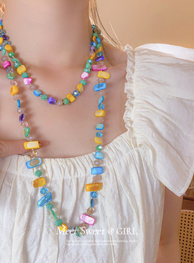 kaitin jewelry碎石贝壳彩色多巴胺女款长款毛衣链海边度假配饰