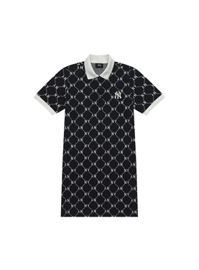 MLB 纽约洋基队 SS24 老花直筒polo领宽松短袖连衣裙 女款 黑色