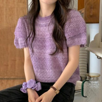 Korean chic spring and summer gentle temperament round neck contrasting rainbow stripe jacquard loose puff sleeve sweater top