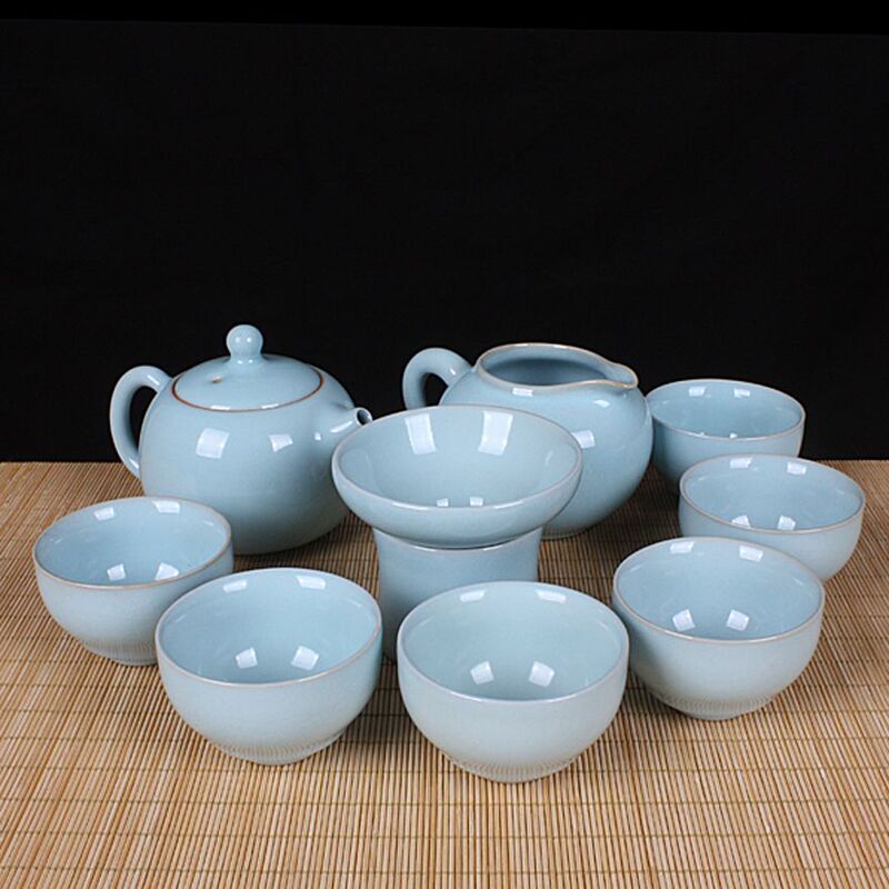 Ru Porcelain Sky Blue Glaze Xishi Teapot Tea Set, Crafted by Master Wang Zhenyu, Original Ru Kiln Agate Glaze