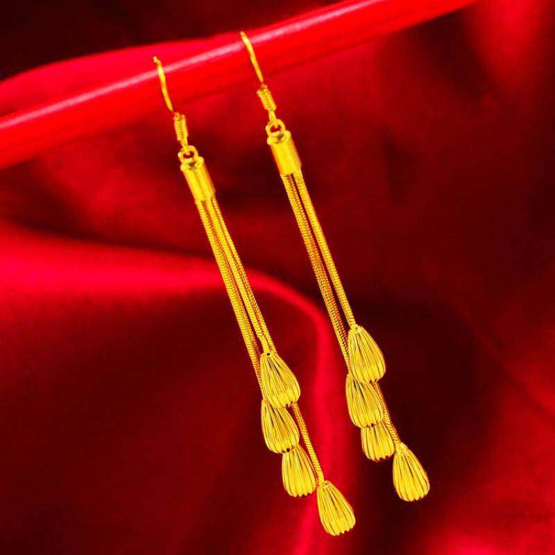Zhou Dafu Huanmei gold 24k gold earrings Long gold earrings without falling color drop 999 ear clip large circle flow Su
