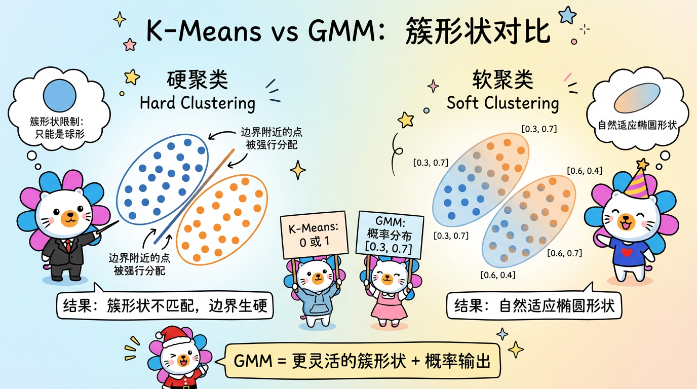K-Means vs GMM 簇形状对比