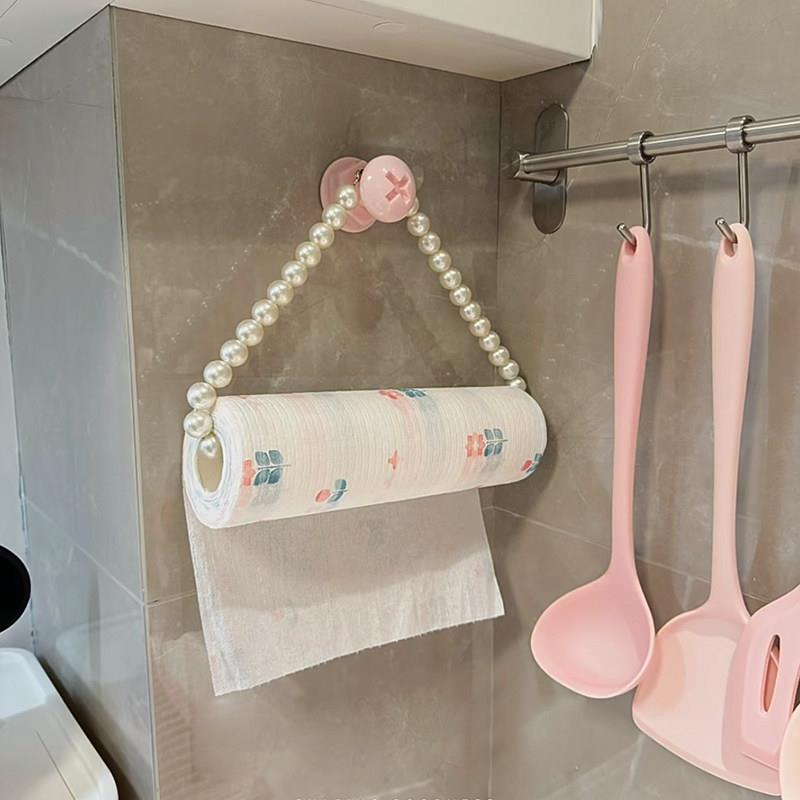 Creative Kitchen Roll Paper Holder with Pearl String Chain, No-Drill Wall-Mounted Bathroom Toilet Paper Towel Rack Creative Kitchen Roll Paper Holder with Pearl String Chain, No-Drill Wall-Mounted Bathroom Toilet Paper Towel Rack